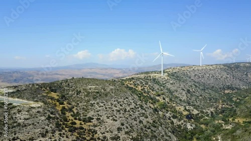 Landscape with windmills. Wind turbines. Natural energy. Island of cyprus