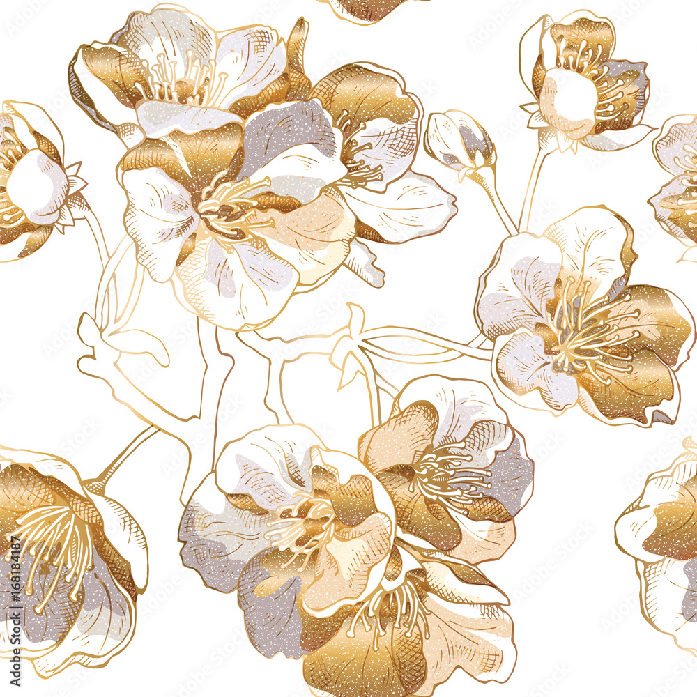 Fototapeta Seamless pattern with a light gold Cherry flowers. Vector illustration.