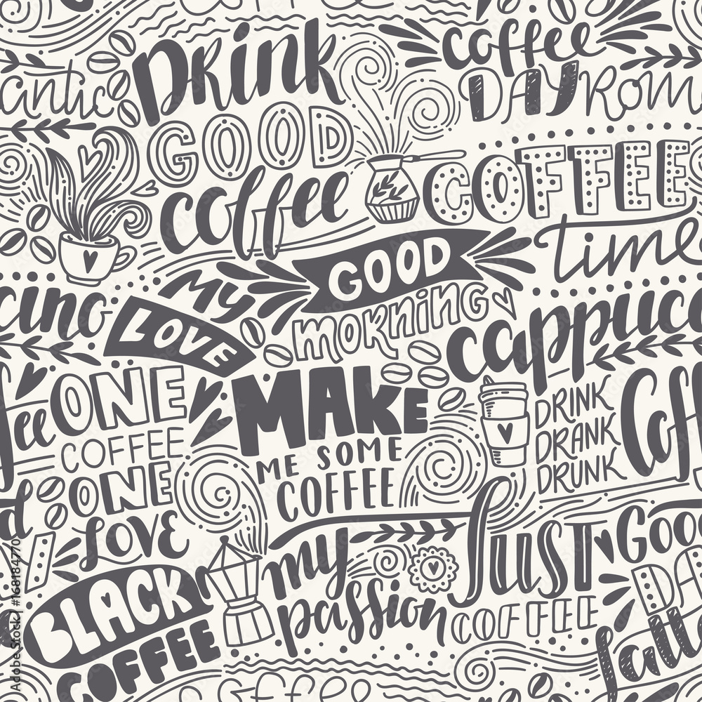 Naklejka Bezszwowe napis wzór kawy z cytatów. Ręcznie rysowane ilustracji wektorowych