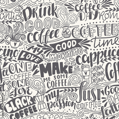 Naklejka Bezszwowe napis wzór kawy z cytatów. Ręcznie rysowane ilustracji wektorowych