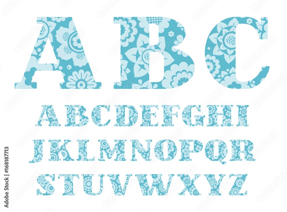 English font, blue flowers, vector. English alphabet. Capital letters with serifs. On the blue letters painted light blue decorative flowers.  