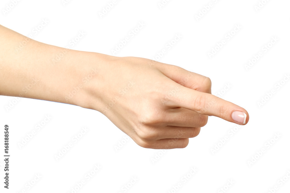 Female caucasian hand gesture of a single pointing finger Female caucasian hand gesture of a single pointing finger
