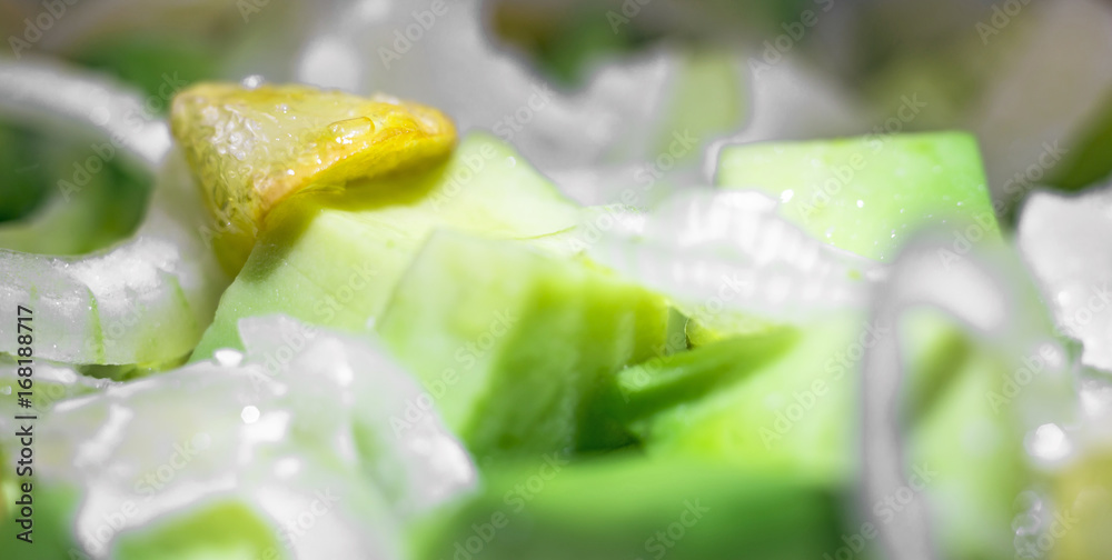 Salad of Avocado, fruit like butter, olive oil, onion, garlic, plate Salad of Avocado, fruit like butter, olive oil, onion, garlic, plate