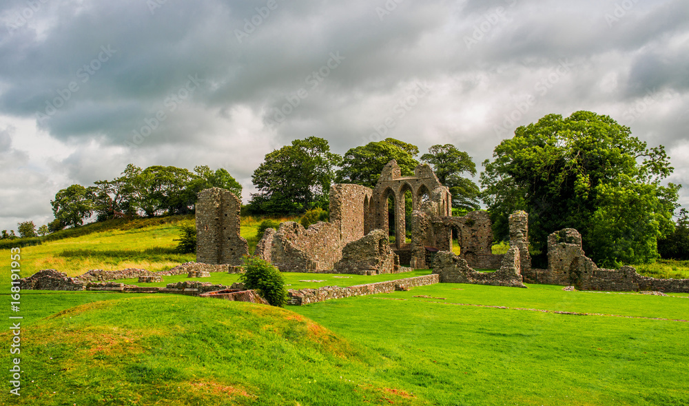 Inch Abbey in Northern Ireland. Monastery ruins in Downpatrick. Co. Down. Travel by car in summer.