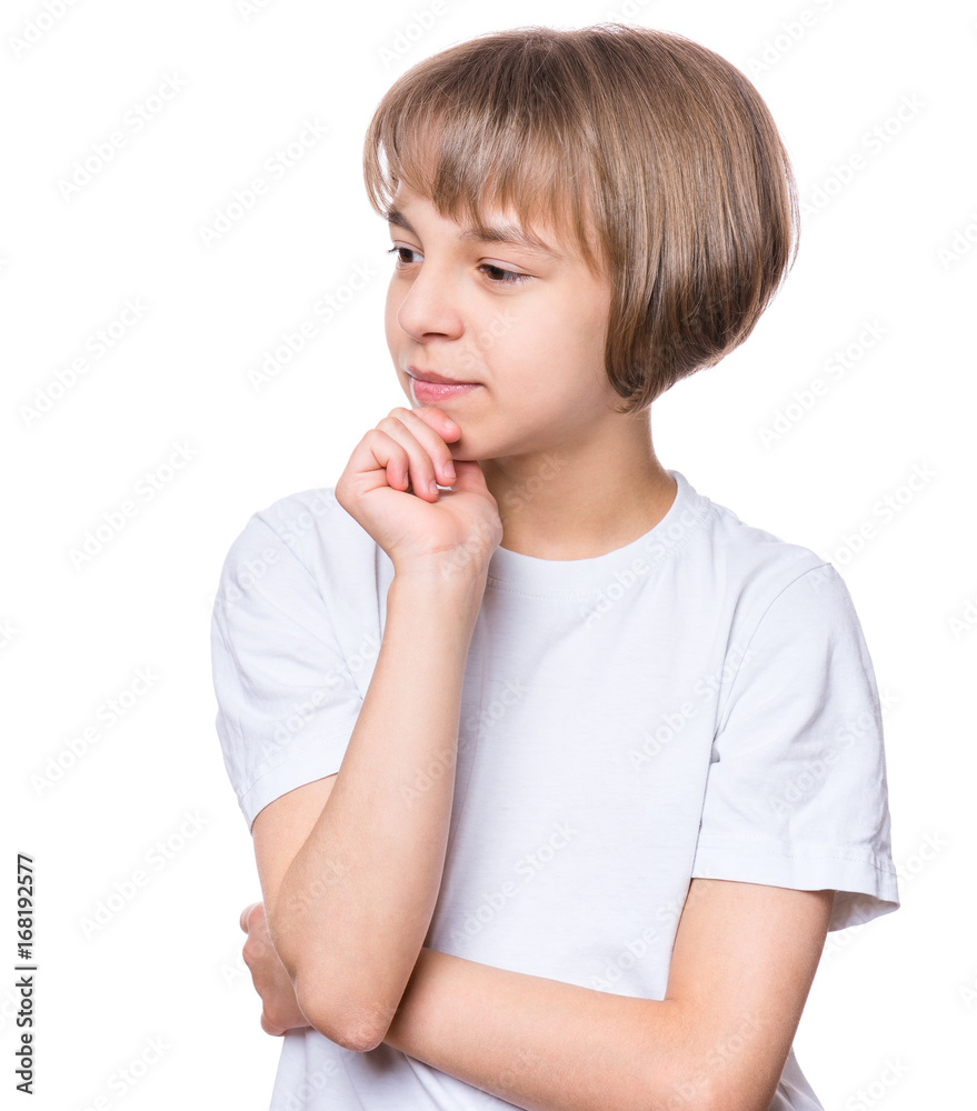 Casual thinking girl - caucasian female model. Close-up emotional portrait of child. Thoughtful kid in white t-shirt, isolated on white background. Beautiful smart serious ponder children. Casual thinking girl - caucasian female model. Close-up emotional portrait of child. Thoughtful kid in white t-shirt, isolated on white background. Beautiful smart serious ponder children.