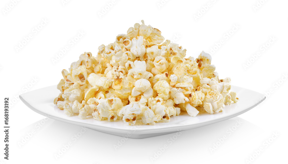 Popcorn in white plate on white background Popcorn in white plate on white background