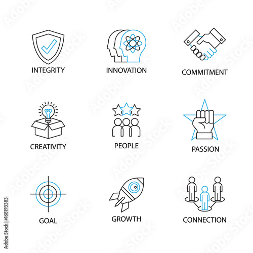 Modern Thin Line Icon or Pictogram with word integrity,innovation,commitment,creativity,people,passion,goal,growth,connection. Business Core Value Concept.