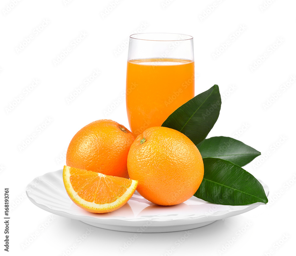Orange juice and orange fruit in white plate on white background Orange juice and orange fruit in white plate on white background