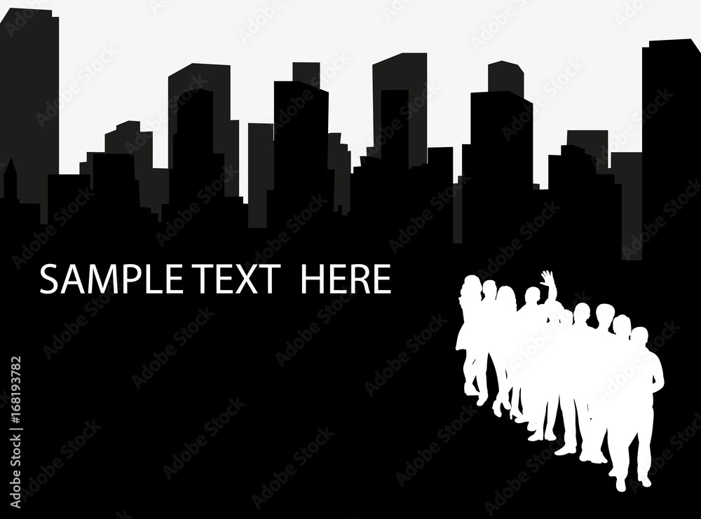 Vector, isolated, silhouette of a crowd of people on a city background, line of silhouettes