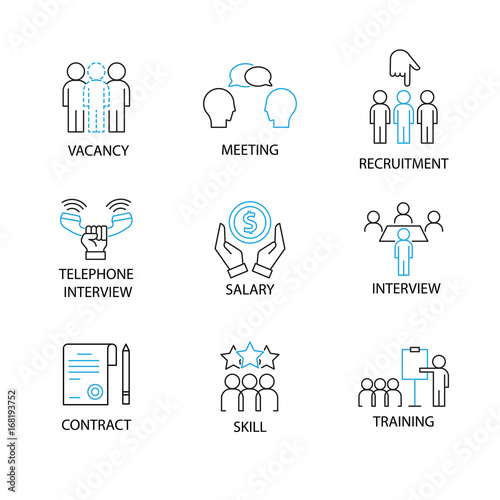 Modern Thin Line Pictogram with word vacancy,meeting,recruitment,telephone interview,salary,contract,skill,training. Recruitment Concept.