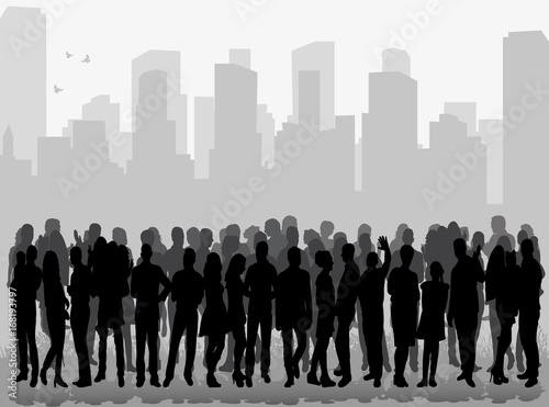 Vector, isolated, silhouette of a crowd of people on a city background