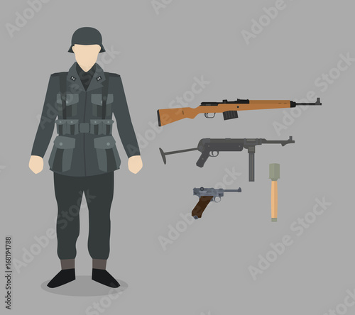 german ww2 solider infantry with gun standar gewehr mp-40 luger pistol and stock grenade