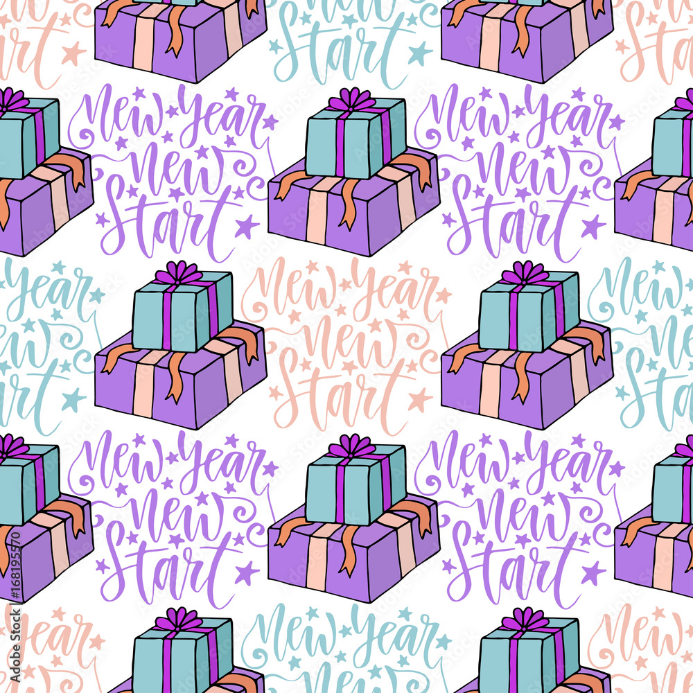 New Year new start. Vector seamless pattern with modern calligraphy and gifr boxex. For wrapping or holiday decorations. New Year new start. Vector seamless pattern with modern calligraphy and gifr boxex. For wrapping or holiday decorations.