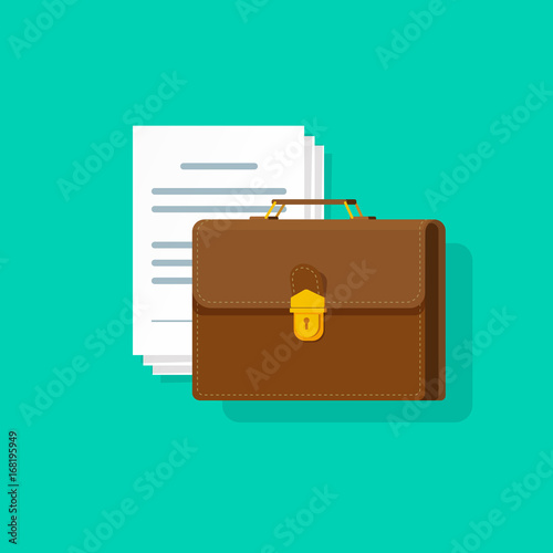 Briefcase near lots of paper documents vector illustration, flat cartoon business case with pile of docs isolated on color background photo