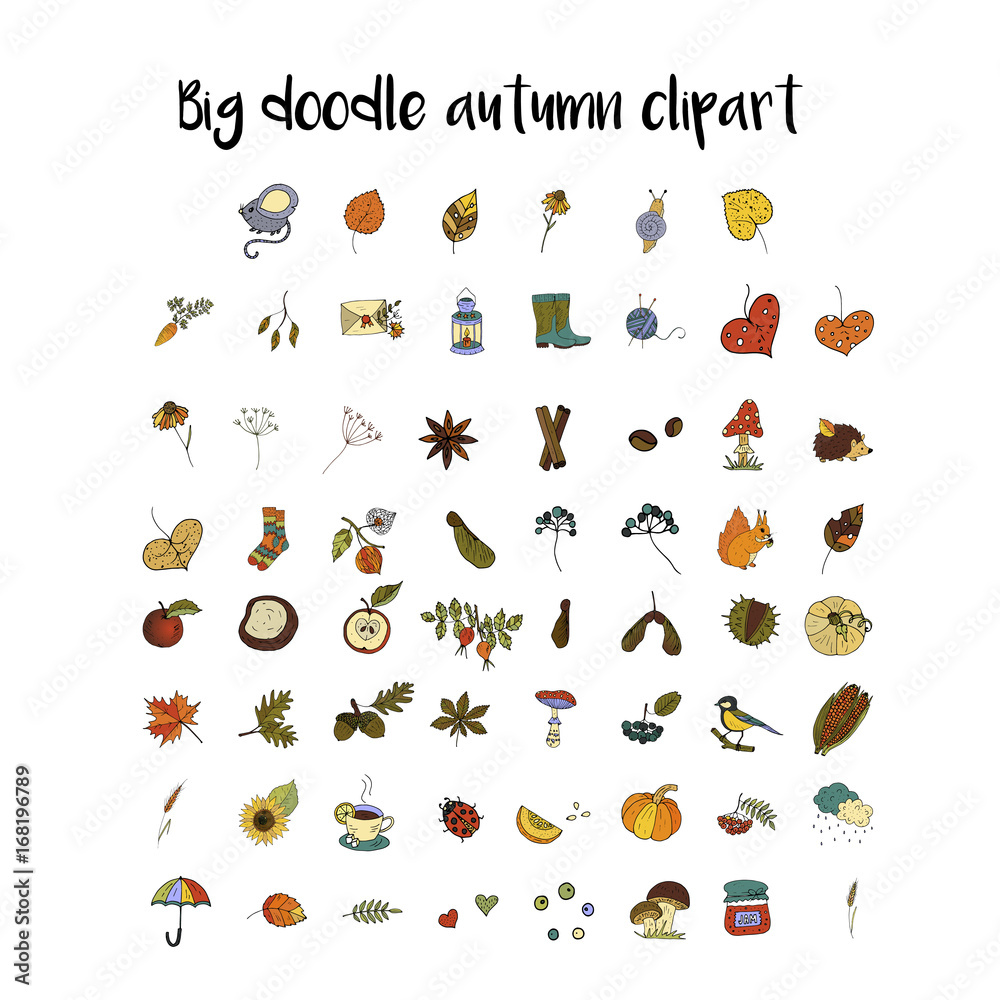 Big set of handdrawn unique autumn icons. 