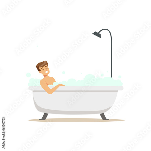 Smiling man character taking bath in bubble bathtub, relaxing colorful character vector Illustration