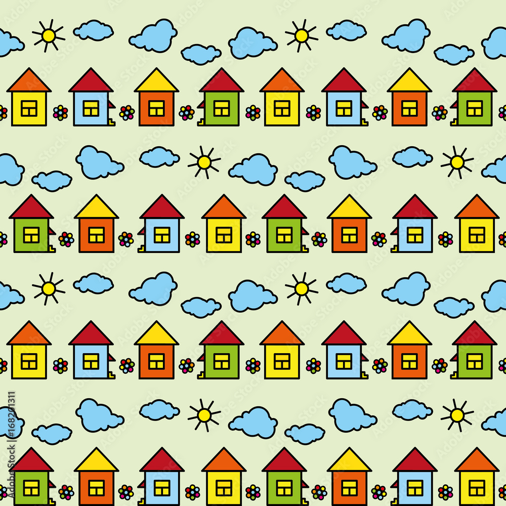 Vector seamless children's colored pattern drawing houses clouds sun