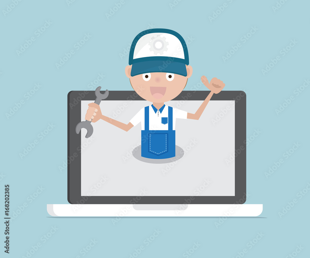 man holding wrench on laptop system maintenance concept