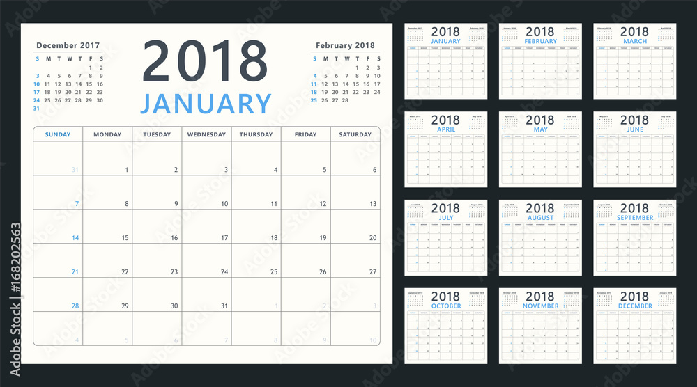 Calendar planner 2018, week starts sunday, vector design template Calendar planner 2018, week starts sunday, vector design template