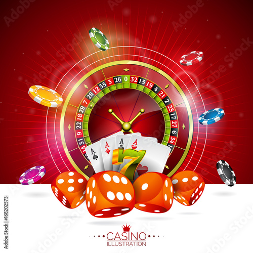 Vector illustration on a casino theme with color playing chips and poker cards on dark background. 