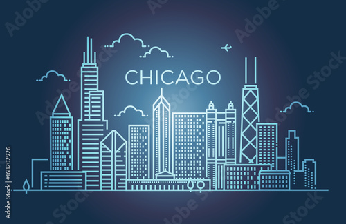 Linear banner of Chicago city. Line art.