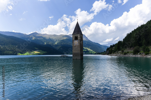 Sunken village Resia at Lake Resia in Alto Adige Italy