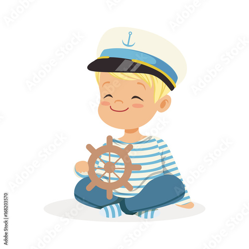 Cute smiling little boy character wearing a sailors costume sitting on the floor playing toy wooden ship wheel colorful vector Illustration