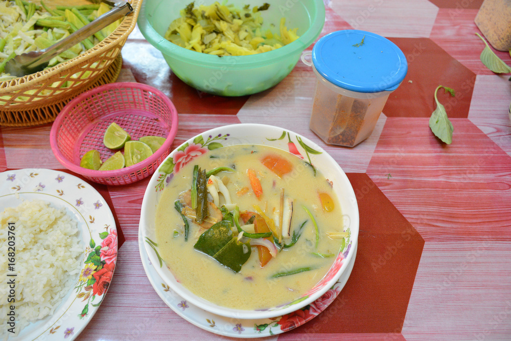 Thai food. Soup Tom Kha seafoof. Spicy and delicious coconut soup. Usually served with rice. Pattaya, Thailand Thai food. Soup Tom Kha seafoof. Spicy and delicious coconut soup. Usually served with rice. Pattaya, Thailand