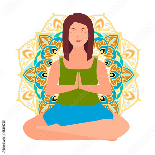 Plus size young women in lotos asana. Line yoga illustration. Namaste. Body love lifestyle healthcare illustration.