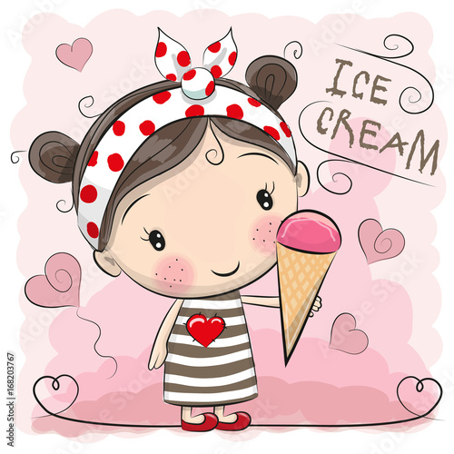 Cute cartoon girl is holding ice cream