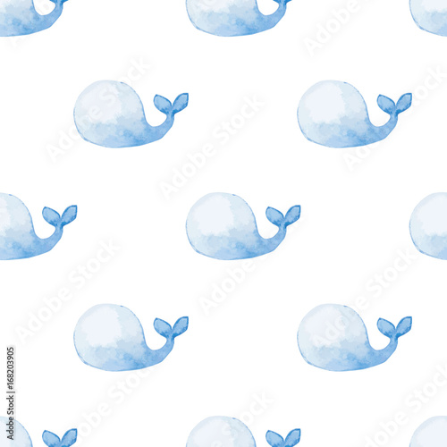 Tapety Bezszwowy wzór z ślicznymi błękitnymi wielorybami. Akwarela ręcznie malowane ilustracji