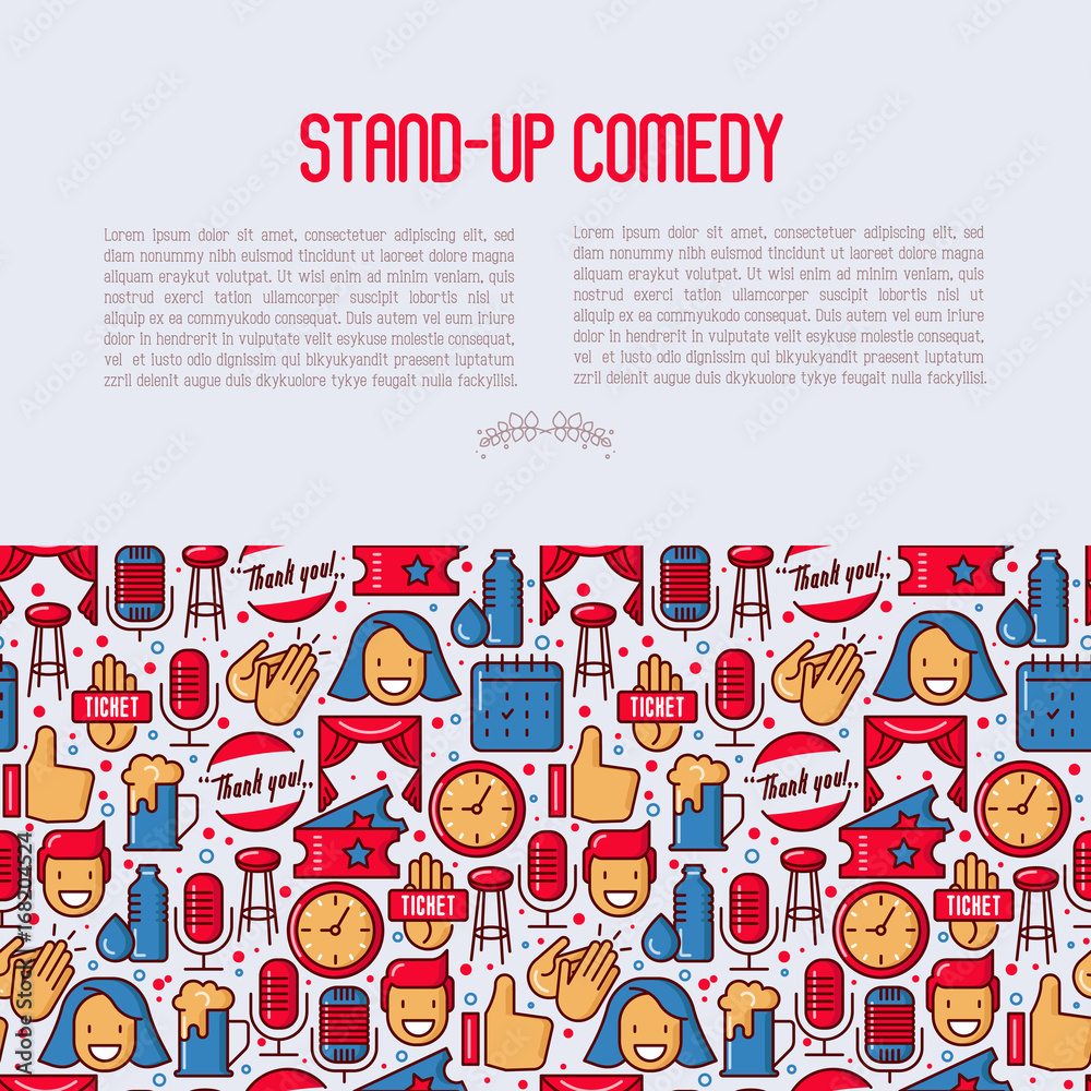 Obraz premium Stand up comedy show concept with thin line icons. Vector illustration for banner, web page, print media.
