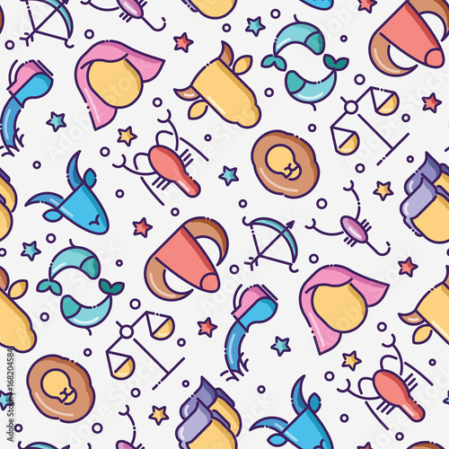 Zodiac signs seamless pattern with thin line icons for banner with horoscope, web site or background. Vector illustration.