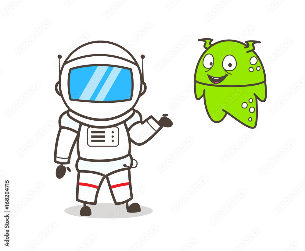 Cartoon Cosmonaut Presenting Alien Character Vector Illustration