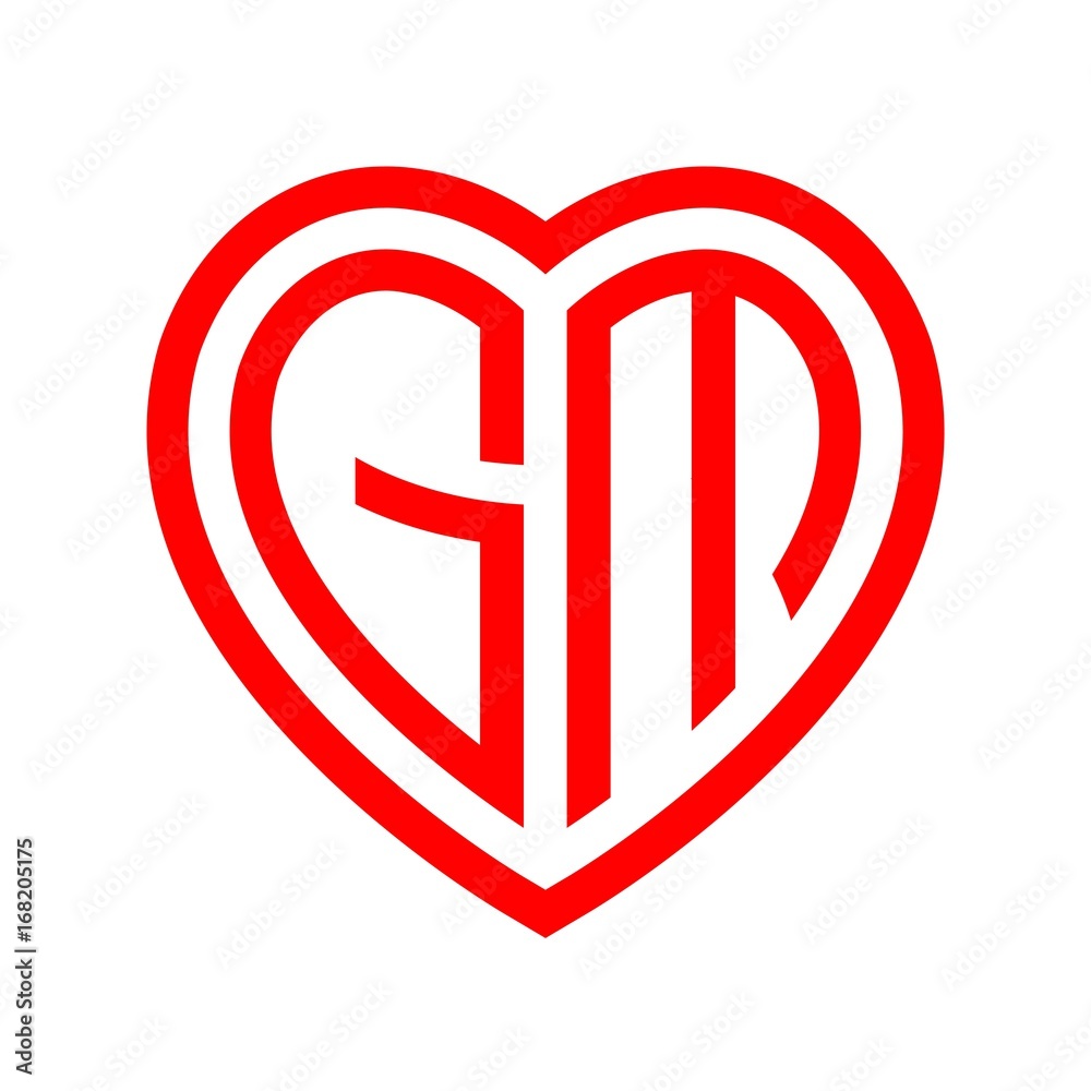 initial letters logo gm red monogram heart love shape Stock Vector