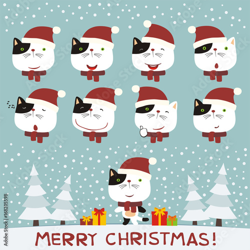 Merry christmas  Set face kitten cat for christmas design. Christmas collection isolated heads of kitten cat in cartoon style.