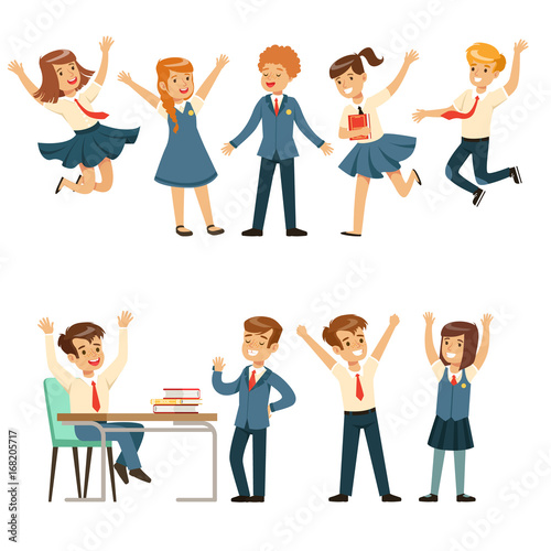Cute pupils in blue school uniform having fun at school set, back to school, education concept colorful vector Illustrations