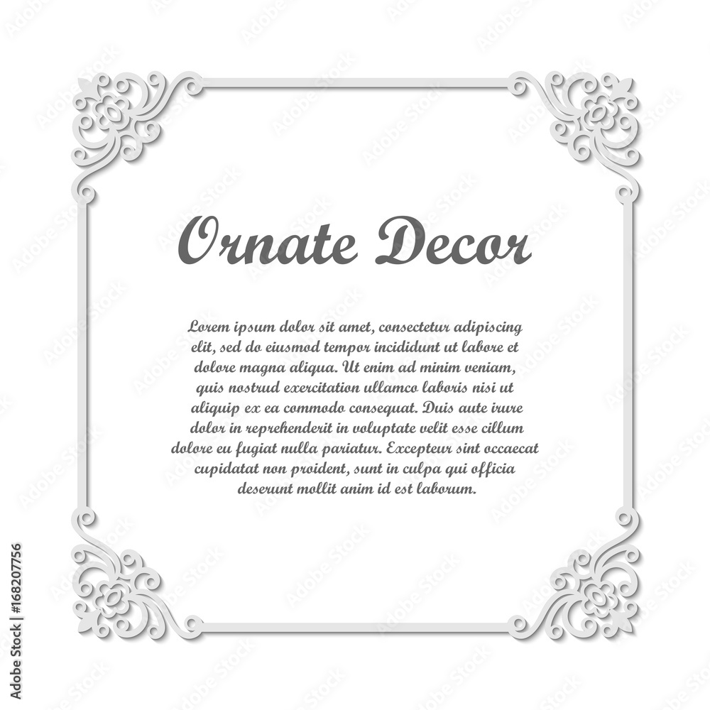 Vector decorative element for design. Frame template with place for text. Fine floral ornamental border. Lace decor. Elegant art for birthday and greeting card, wedding invitation. Ornate corners. Vector decorative element for design. Frame template with place for text. Fine floral ornamental border. Lace decor. Elegant art for birthday and greeting card, wedding invitation. Ornate corners.