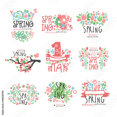 Spring  1 May set original design. Spring holidays  First May  International labor day colorful hand drawn vector Illustrations