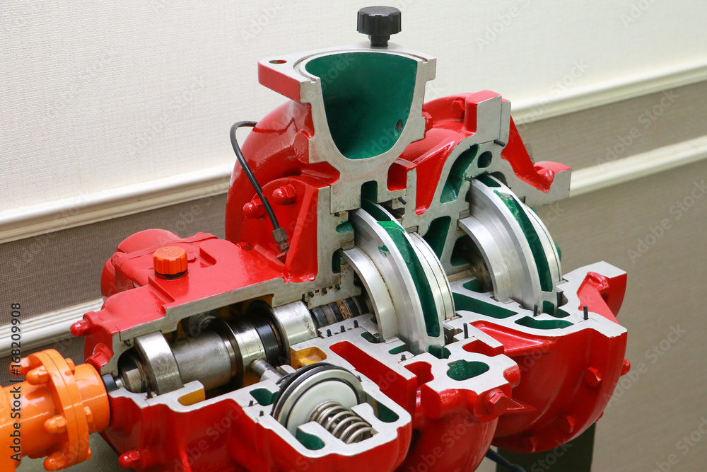 Engine pump water exploded view of firefighting machine hydraulics tool of fire engine. Engine