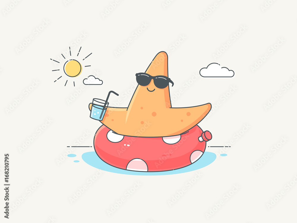 Happy starfish with sunglasses enjoying summer vacation on the sea Happy starfish with sunglasses enjoying summer vacation on the sea