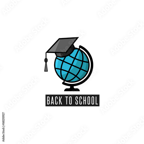 Back to school logo globe and mortarboard training courses emblem or education poster mockup, flat knowledge icon