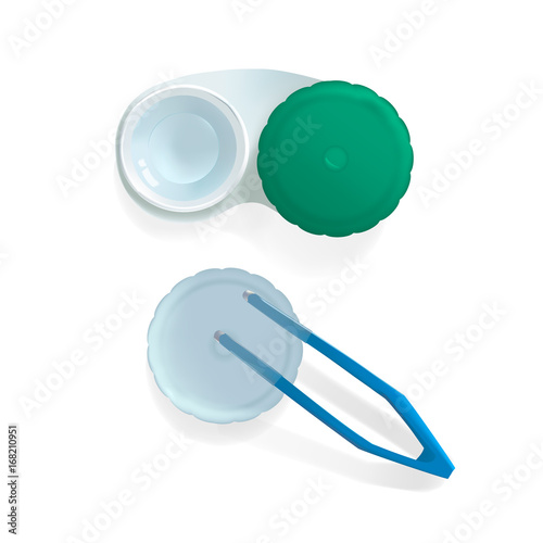 Realistic contact lenses in container with tweezers. Vector illustration