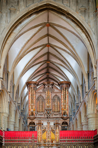 Gloucester, United Kingdom - June 8, 2013: View of Gloucester Cathedral organ and vaulted ceiling