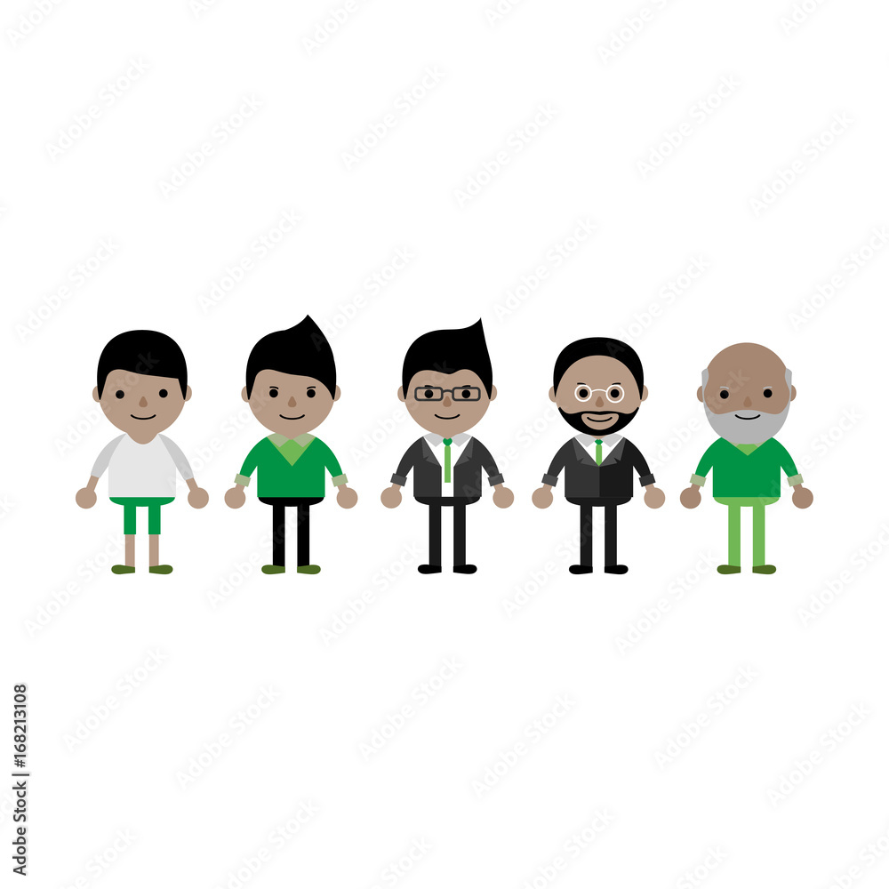 Generation of male characters from young to old. Growing up man in flat cartoon style.