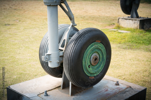 Close up of an airplane undercarriage or landing gear