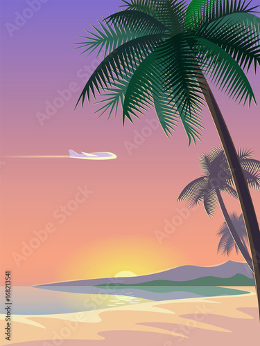 Fototapeta Naklejka Na Ścianę i Meble -  Airplane and tropical paradise palm tree surfboards. Sunny sand coast beach sea ocean landscape.Vector background illustration for text