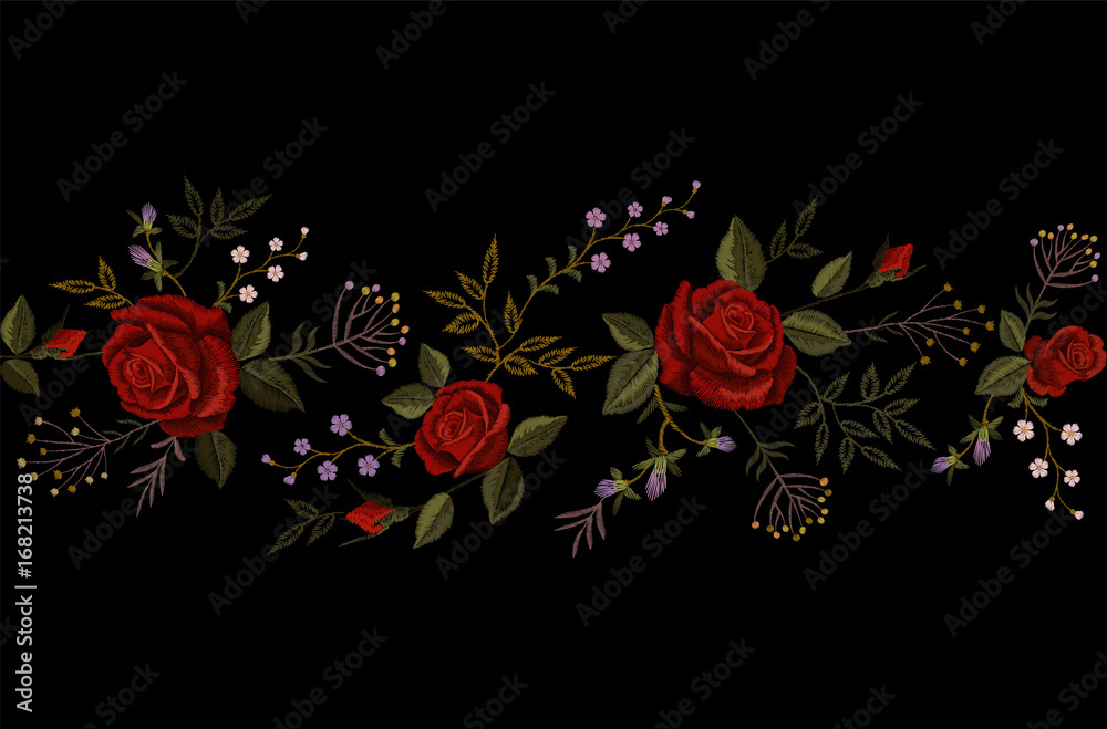 Red rose embroidery on black background. Satin stitch imitation fashion decoration border necklace. Texture flower small herbs little delicate violet bud vintage ornament vector illustration