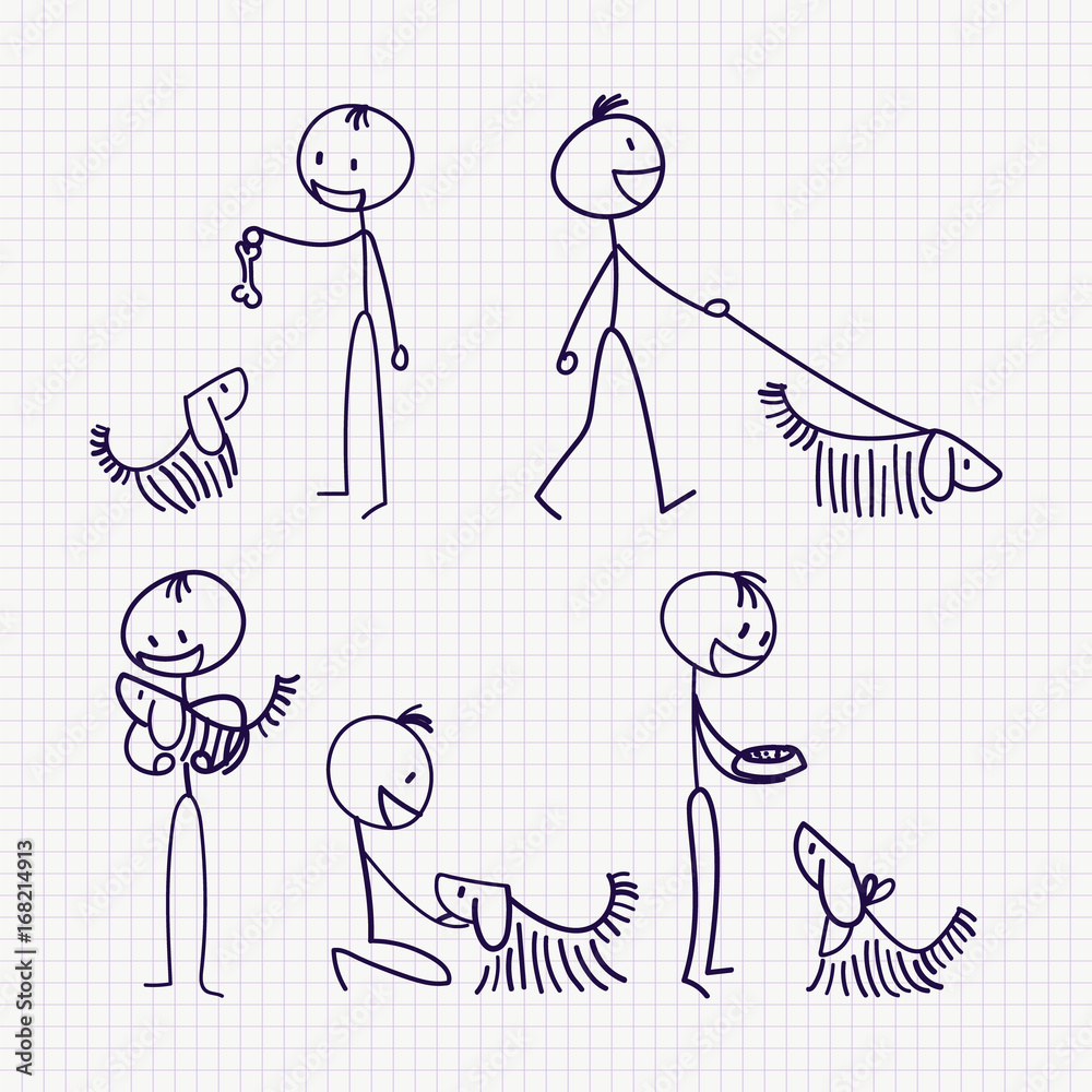 Stick man figure with pet dog with different poses Stick man figure with pet dog with different poses
