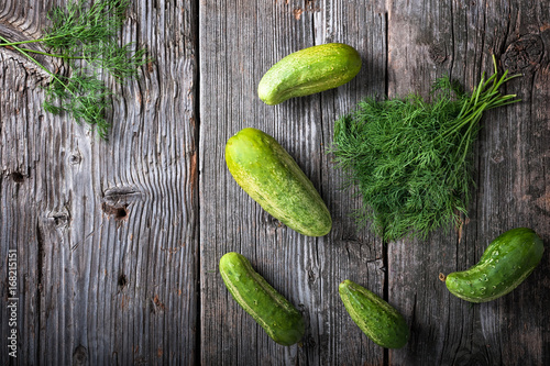 Flat lay view of organic cucumbers and dill weed on rustic barn wood background with copy space